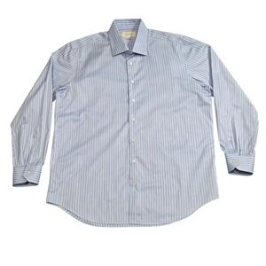 HAGEN Carmel CA Blue Grey Black Striped Button Up Mens Size 17.5 34/35 Cotton